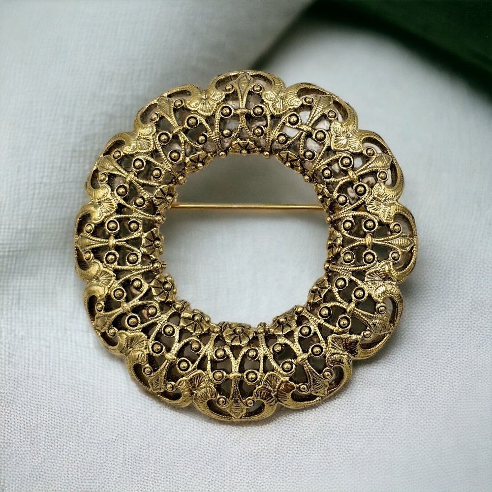 1928 Collection Brooch Then Now Forever Filigree Gold Tone Round Circle Elegant